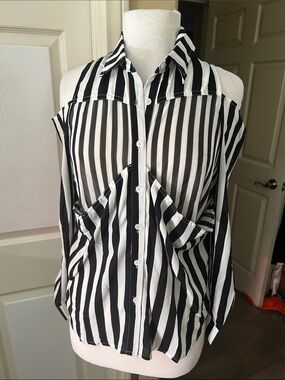 Cold-Shoulder Black & White Striped Button-Down Blouse